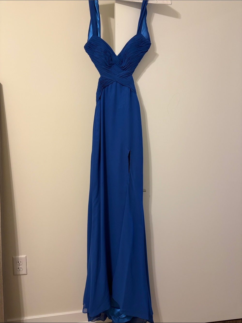 Faviana Sapphire Blue Pleated Evening Dress
